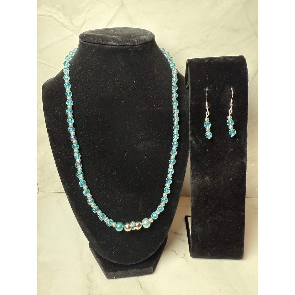 blue and silver beaded handmade necklace andโ earring set